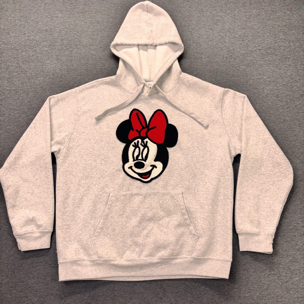Disney Minnie‎ Mouse Hoodie Womens XL Gray Fleece Pullover Embroidered Graphic